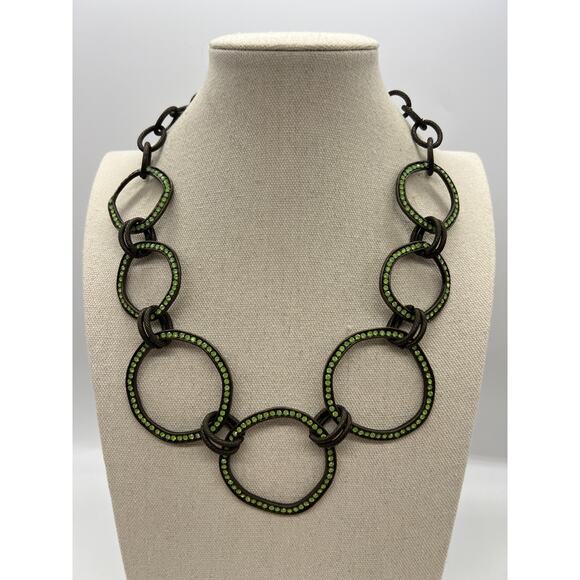 Chunky Link Necklace Large Circle Links Dark Metal Green Rhinestones Glows - Picture 1 of 7